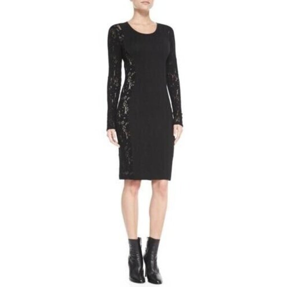 TRACY REESE Size 2 Black Side See Through Lace Bodycon Sexy Dress Long Sleeve - Picture 1 of 13